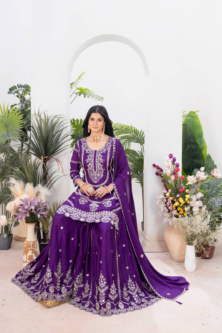 Teeya Creation Purple Color Chinnon Silk Embroidery Work Fully Stitched Salwar Suit