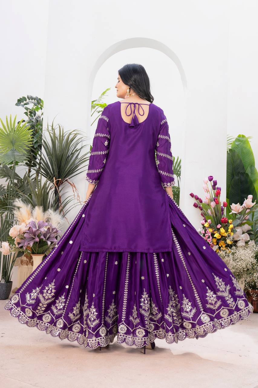 Teeya Creation Purple Color Chinnon Silk Embroidery Work Fully Stitched Salwar Suit