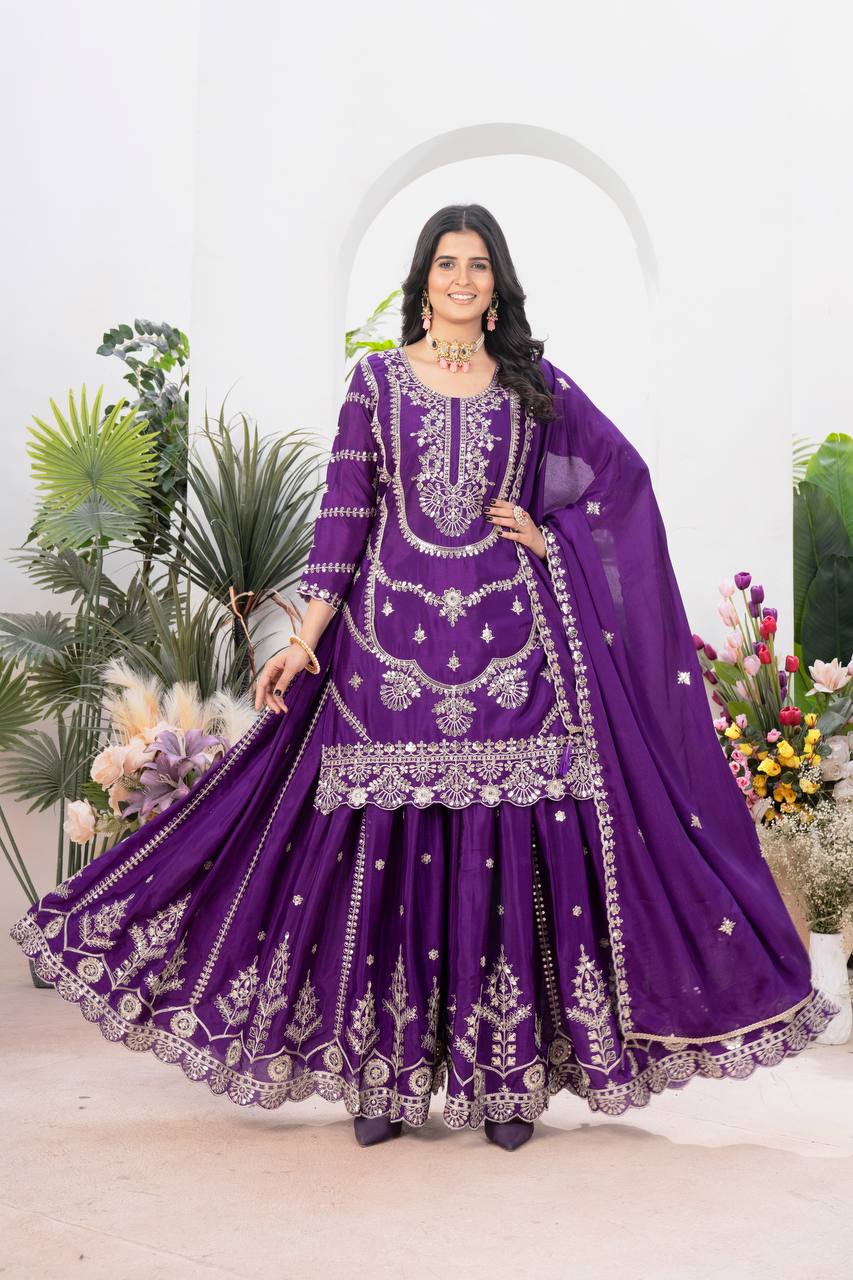Teeya Creation Purple Color Chinnon Silk Embroidery Work Fully Stitched Salwar Suit