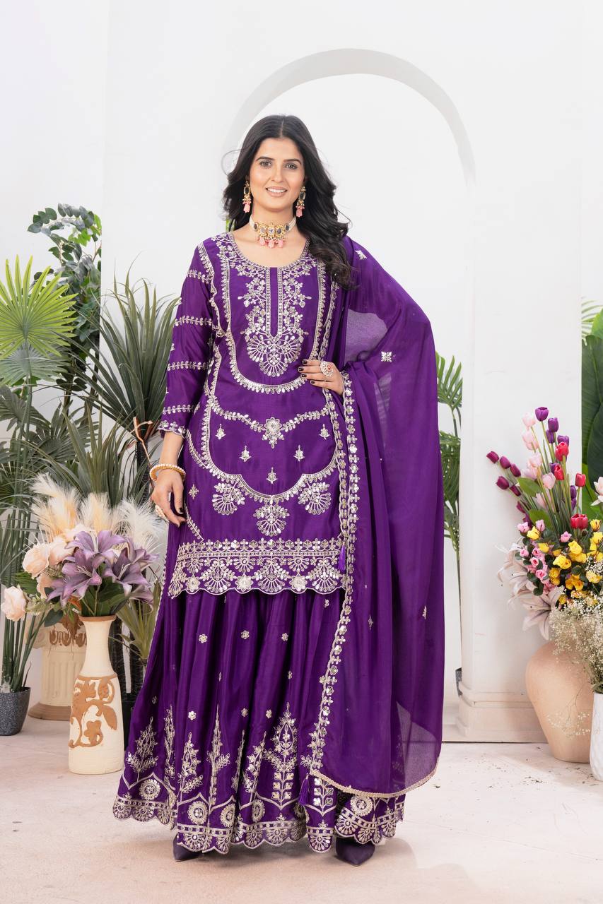 Teeya Creation Purple Color Chinnon Silk Embroidery Work Fully Stitched Salwar Suit