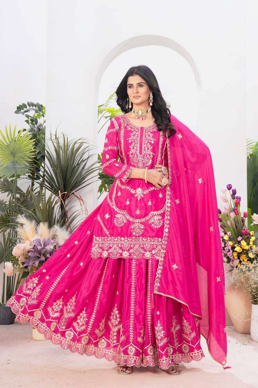 Teeya Creation Rani Color Chinnon Silk Embroidery Work Fully Stitched Salwar Suit