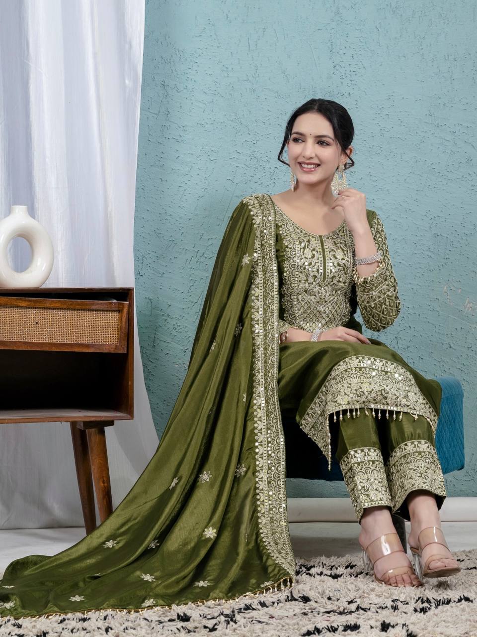 Teeya Creation Green Color Chinnon Silk Embroidery Work Fully Stitched Salwar Suit - Distacart