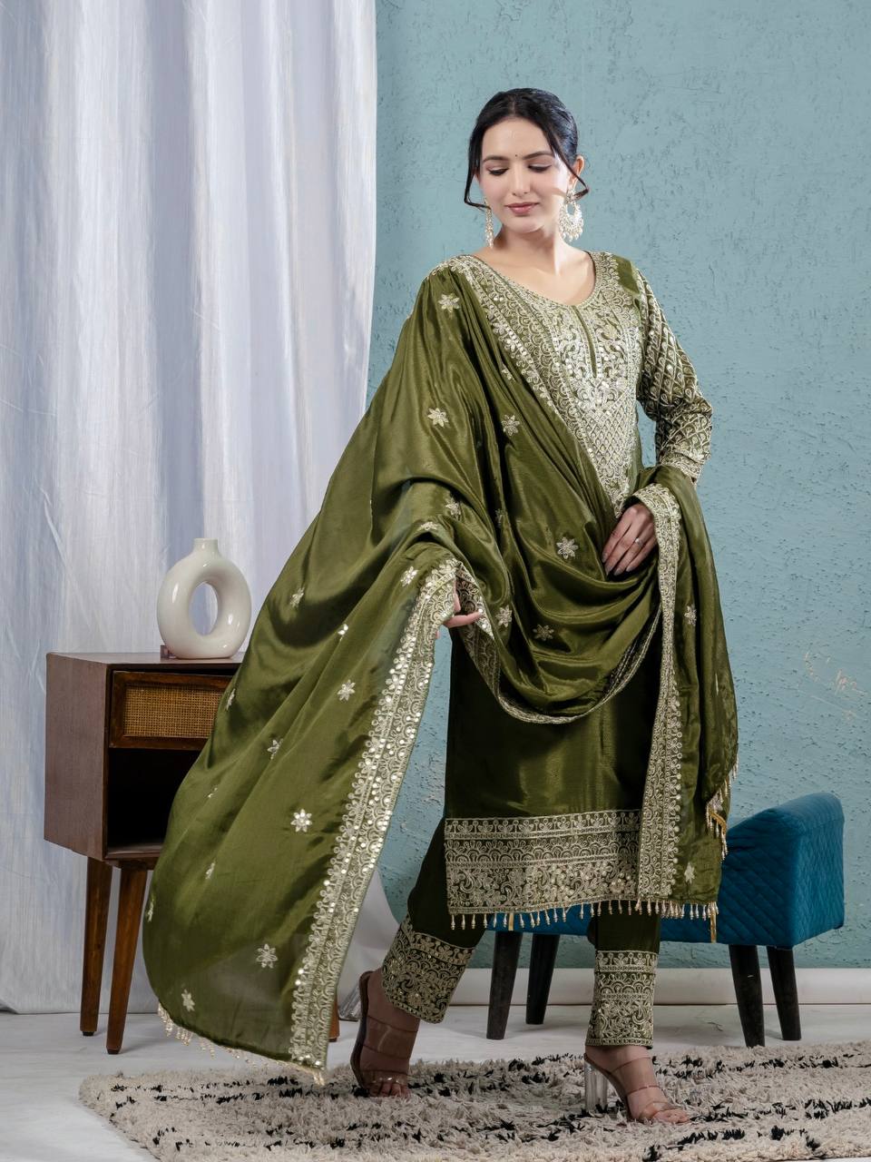 Teeya Creation Green Color Chinnon Silk Embroidery Work Fully Stitched Salwar Suit - Distacart