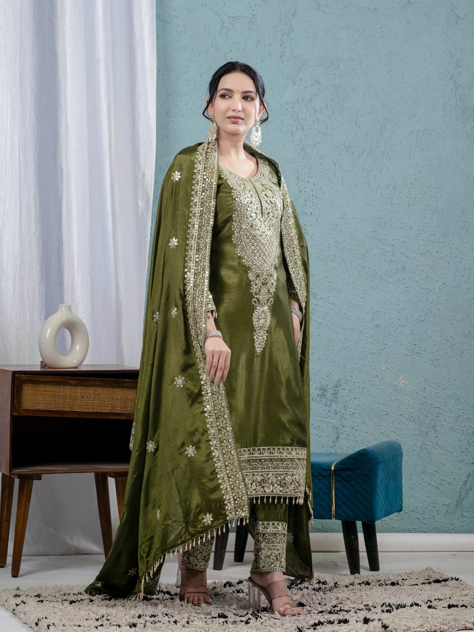 Teeya Creation Green Color Chinnon Silk Embroidery Work Fully Stitched Salwar Suit - Distacart