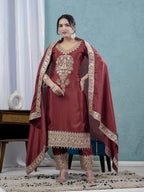 Teeya Creation Maroon Color Chinnon Silk Embroidery Work Fully Stitched Salwar Suit - Distacart