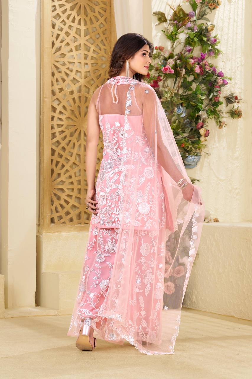 Teeya Creation Pink Colour Butterfly Net Embroidery Work Fully Stitched Pakistani Suit - Distacart