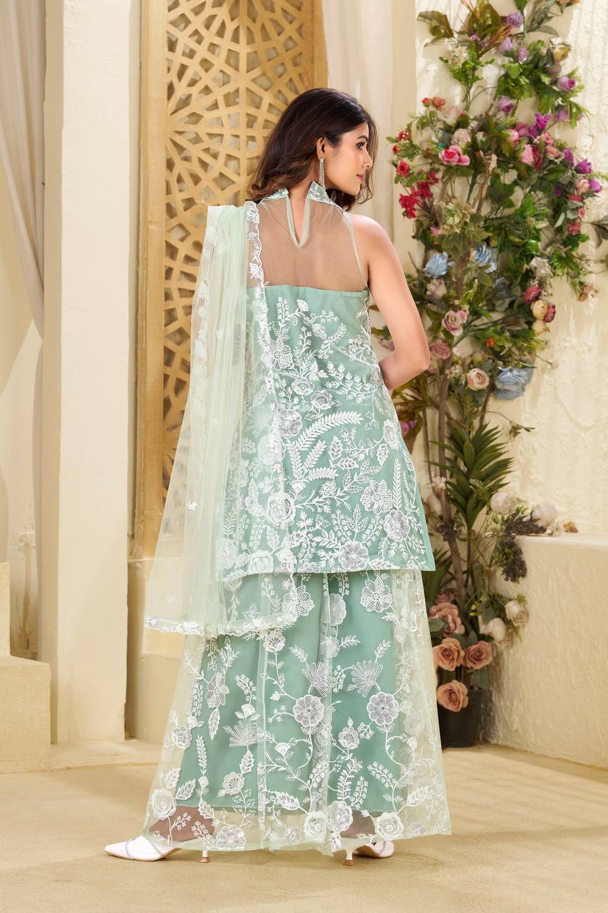 Teeya Creation Pista Colour Butterfly Net Embroidery Work Fully Stitched Pakistani Suit - Distacart