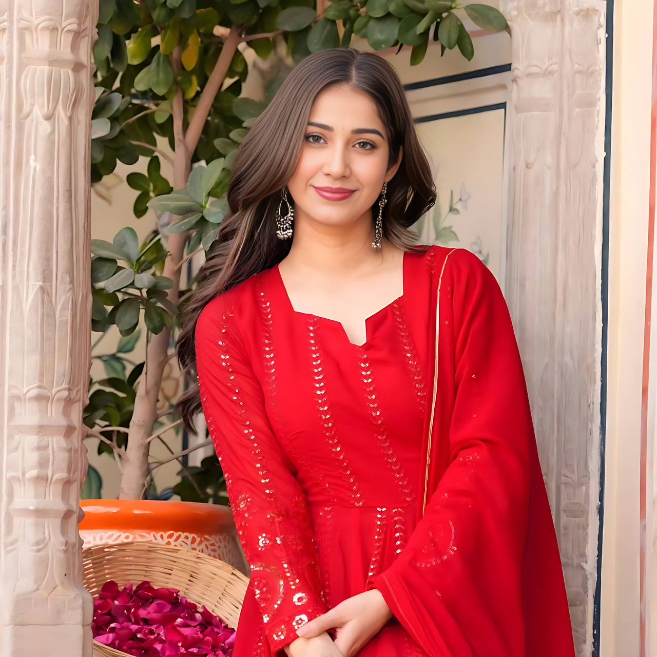 Teeya Creation Red Color Faux Georgette Heavy Embroidery And Sequence Work Anarkali With Pants And Dupatta