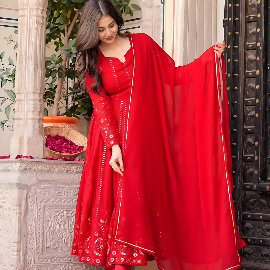 Teeya Creation Red Color Faux Georgette Heavy Embroidery And Sequence Work Anarkali With Pants And Dupatta