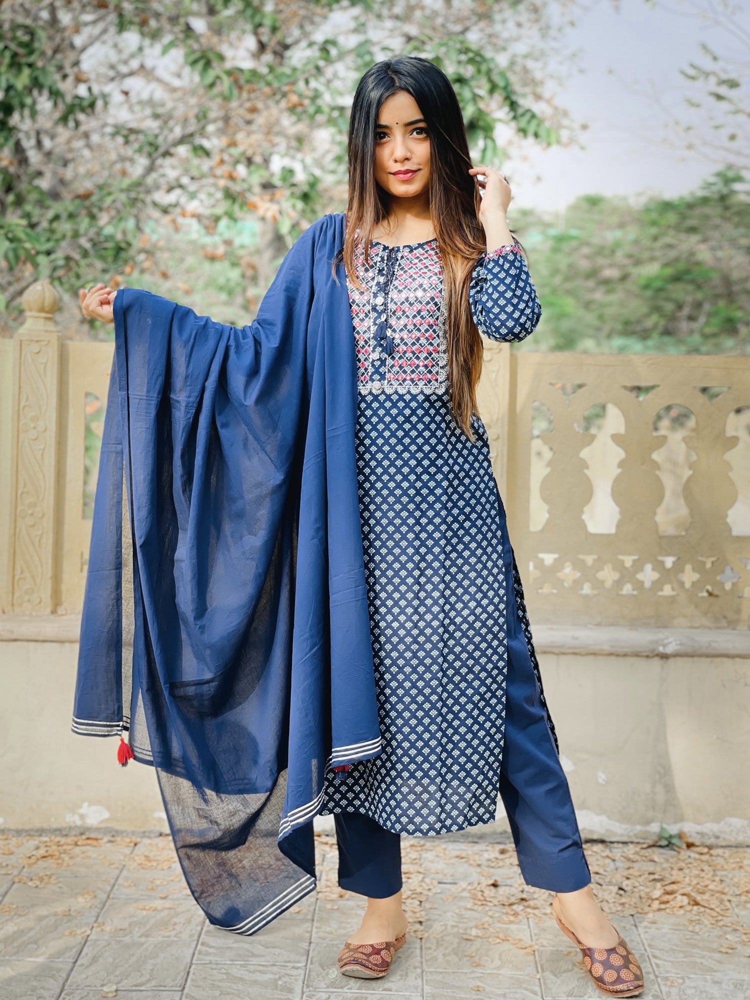 Kaajh Women's Blue Embellished Cotton Suit Set - Distacart