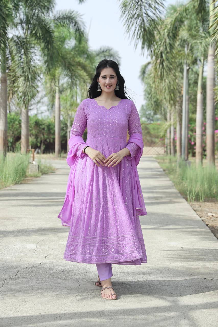 Teeya Creation Purple Color Faux Georgette Heavy Embroidery And Sequence Work Anarkali With Pants And Dupatta