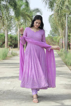 Teeya Creation Purple Color Faux Georgette Heavy Embroidery And Sequence Work Anarkali With Pants And Dupatta