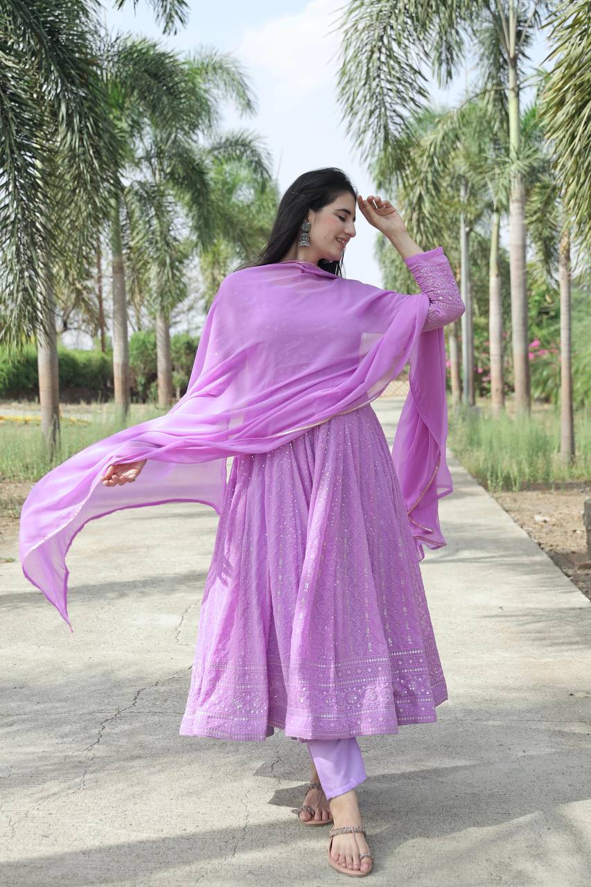 Teeya Creation Purple Color Faux Georgette Heavy Embroidery And Sequence Work Anarkali With Pants And Dupatta