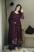 Teeya Creation Wine Color Faux Georgette Heavy Embroidery And Sequence Work Anarkali With Pants And Dupatta