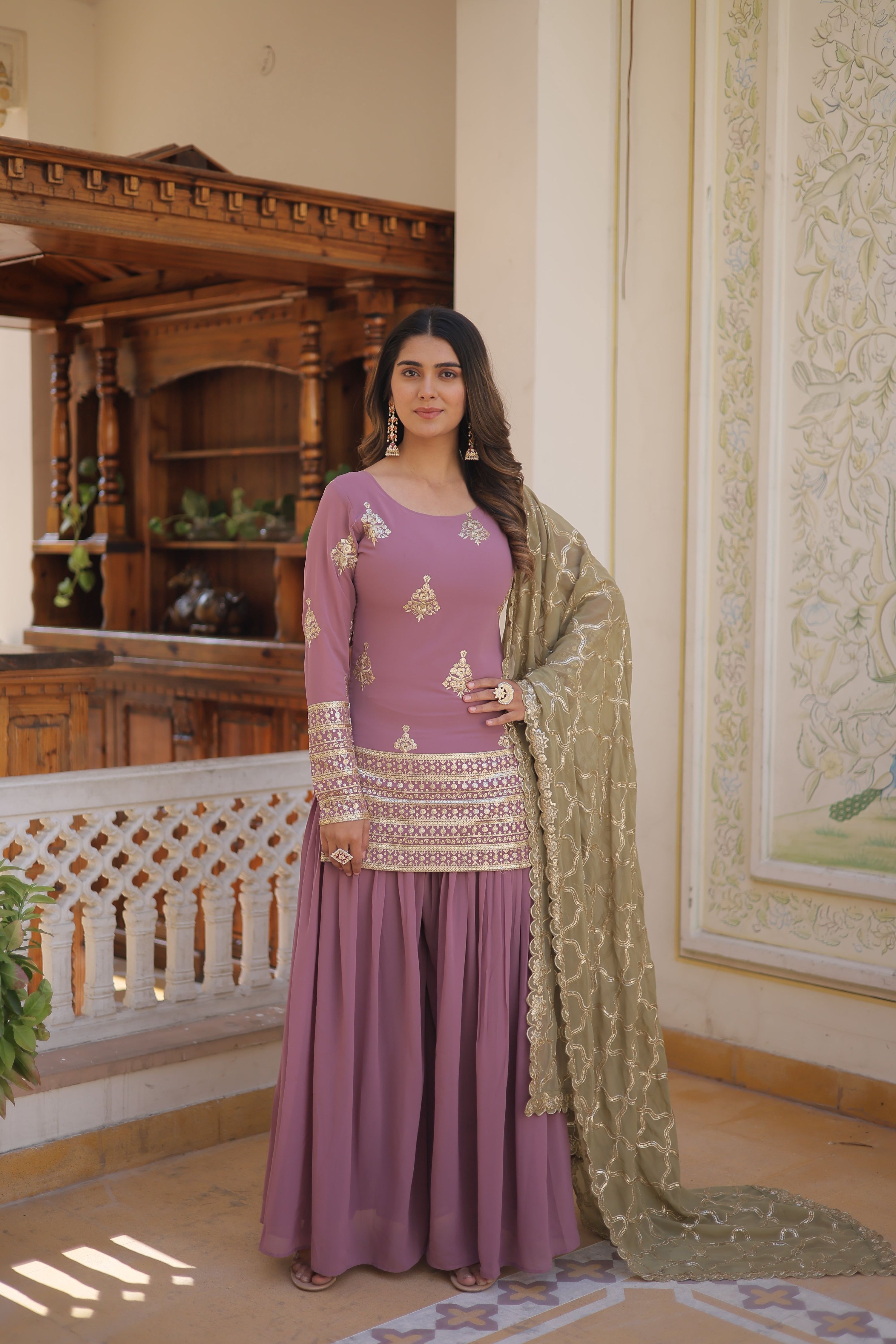 Teeya Creation Onion Color Faux Georgette Heavy Embroidery Work Fully Stitched Plazo pair - Distacart