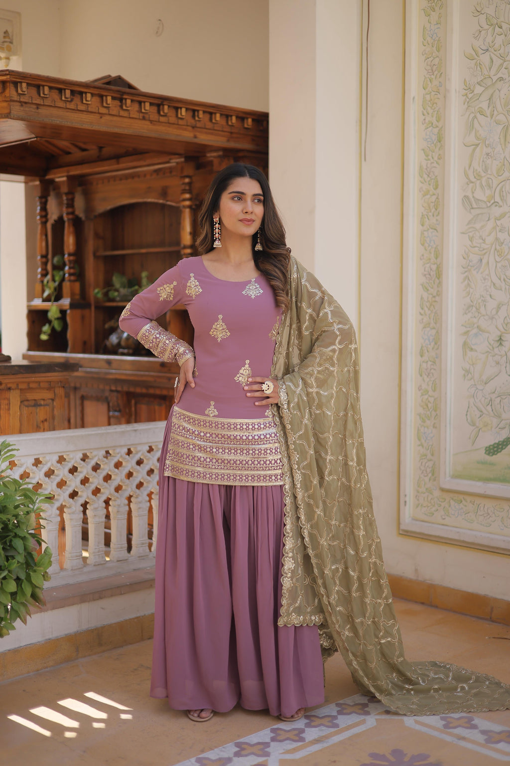 Teeya Creation Onion Color Faux Georgette Heavy Embroidery Work Fully Stitched Plazo pair - Distacart