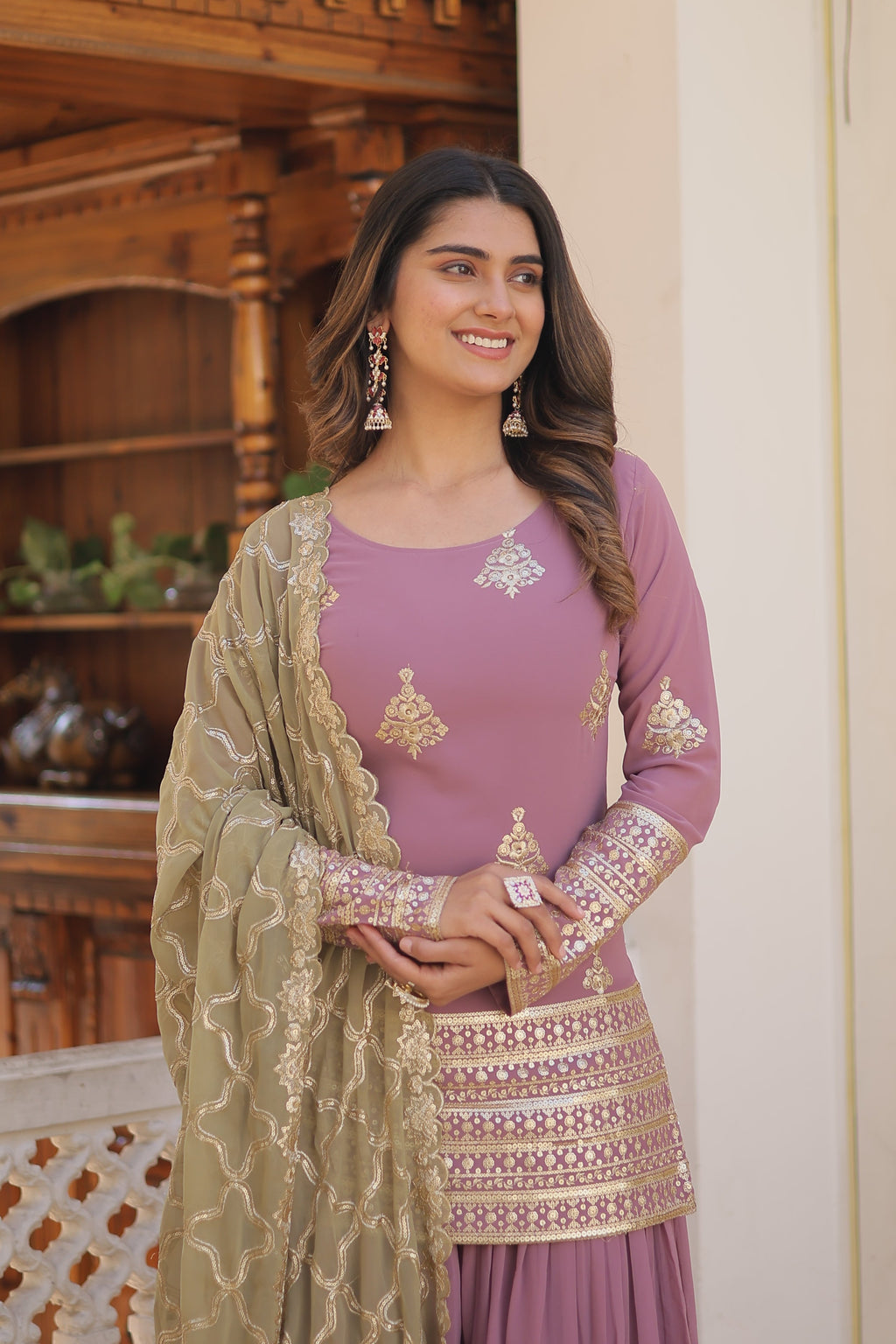 Teeya Creation Onion Color Faux Georgette Heavy Embroidery Work Fully Stitched Plazo pair - Distacart