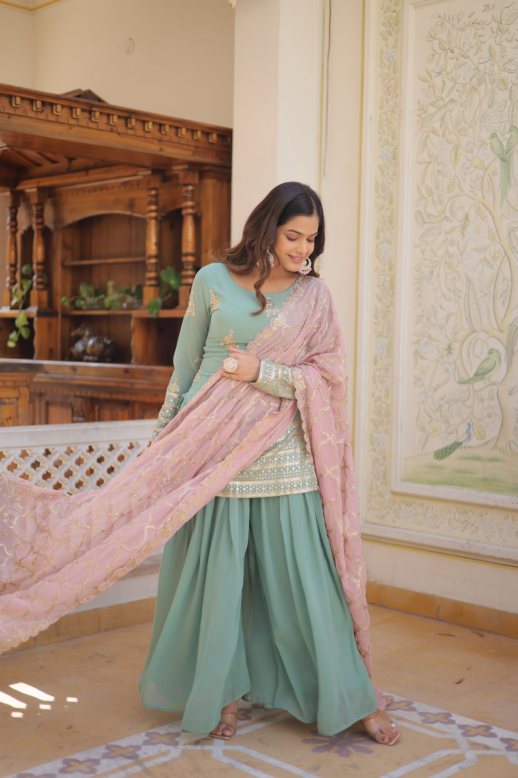 Teeya Creation Turquoise Color Faux Georgette Heavy Embroidery Work Fully Stitched Plazo pair - Distacart