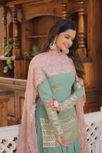 Teeya Creation Turquoise Color Faux Georgette Heavy Embroidery Work Fully Stitched Plazo pair - Distacart