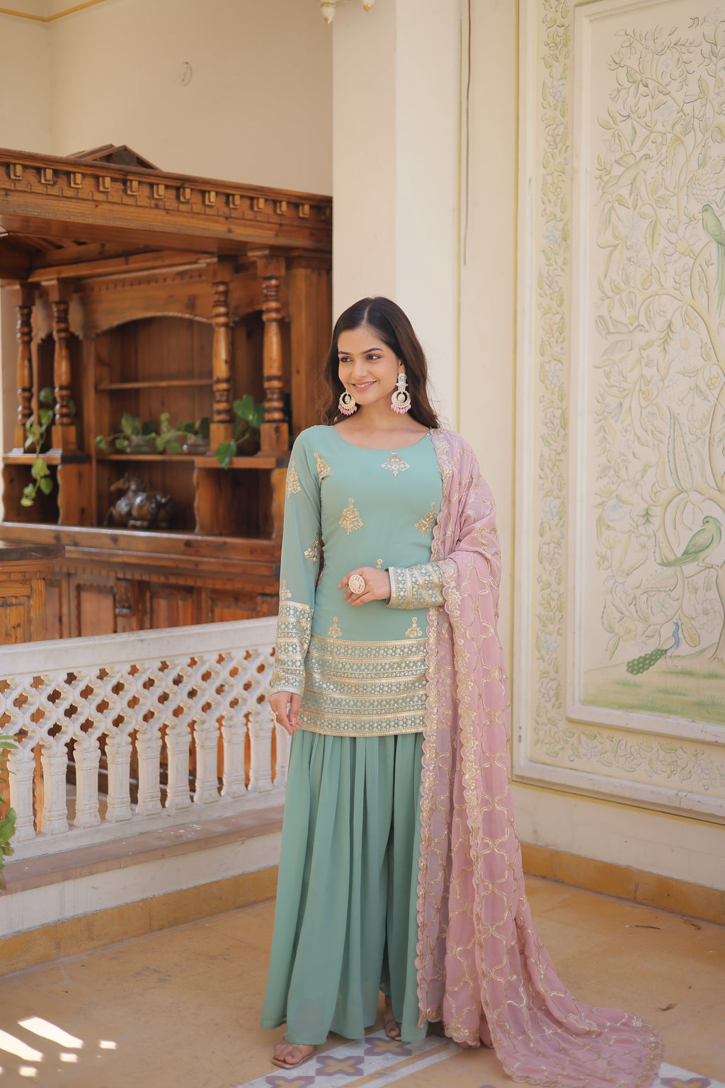 Teeya Creation Turquoise Color Faux Georgette Heavy Embroidery Work Fully Stitched Plazo pair - Distacart