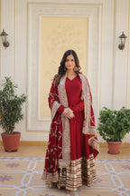 Teeya Creation Maroon Color Faux Georgette Zari Embroidery Work Fully Stitched Anarkali Gown