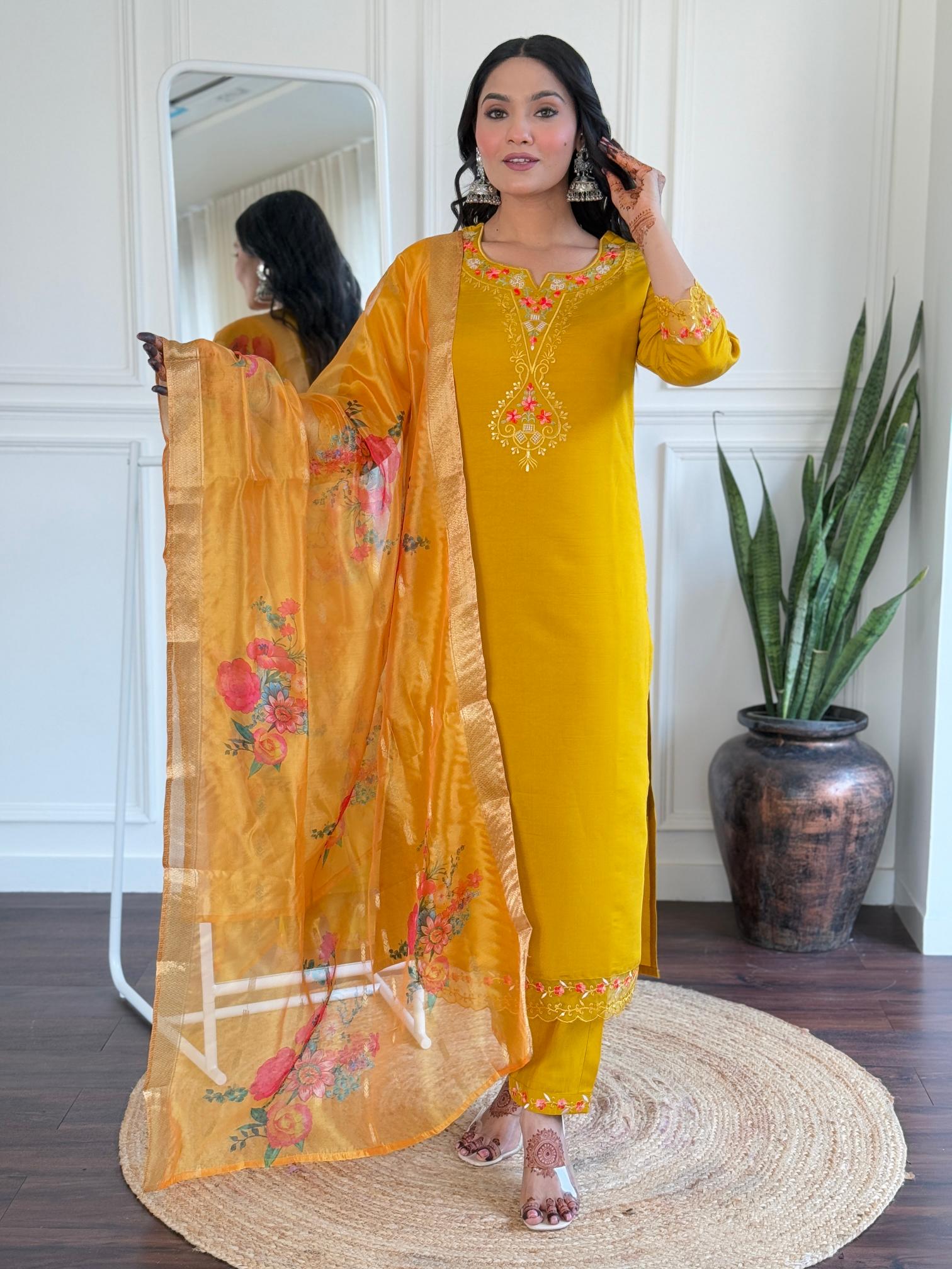 The52 Women's Roman Silk Embroidered Straight Kurta, Pant and Dupatta Set - Distacart