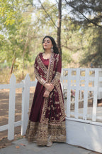 Teeya Creation Maroon Color Vichitra Simmar Silk Heavy Embroidery Work Fully Stitched Anarkali Gown