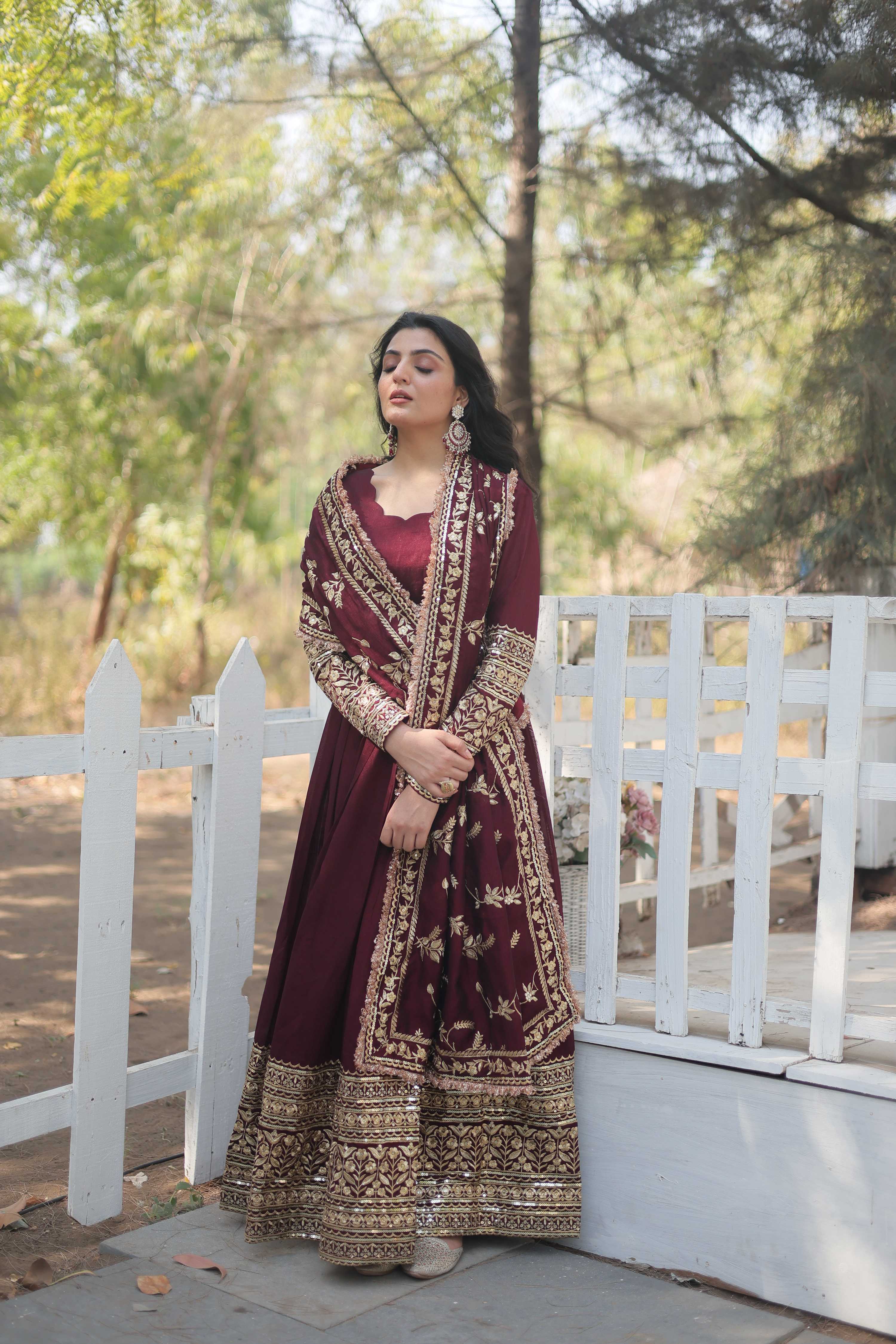 Teeya Creation Maroon Color Vichitra Simmar Silk Heavy Embroidery Work Fully Stitched Anarkali Gown