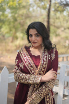 Teeya Creation Maroon Color Vichitra Simmar Silk Heavy Embroidery Work Fully Stitched Anarkali Gown
