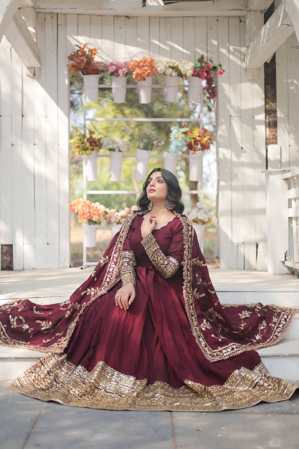 Teeya Creation Maroon Color Vichitra Simmar Silk Heavy Embroidery Work Fully Stitched Anarkali Gown