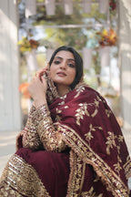 Teeya Creation Maroon Color Vichitra Simmar Silk Heavy Embroidery Work Fully Stitched Anarkali Gown