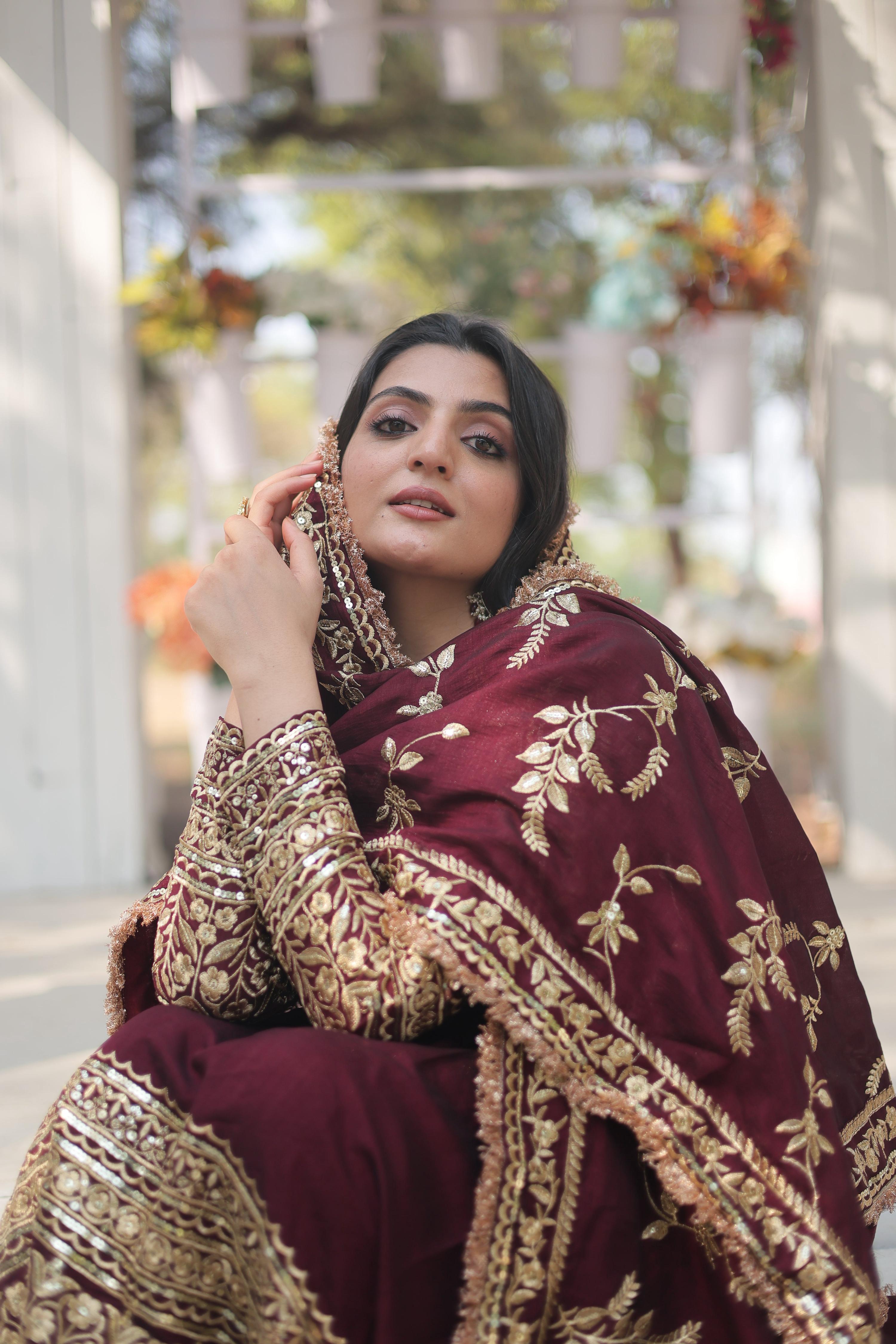 Teeya Creation Maroon Color Vichitra Simmar Silk Heavy Embroidery Work Fully Stitched Anarkali Gown