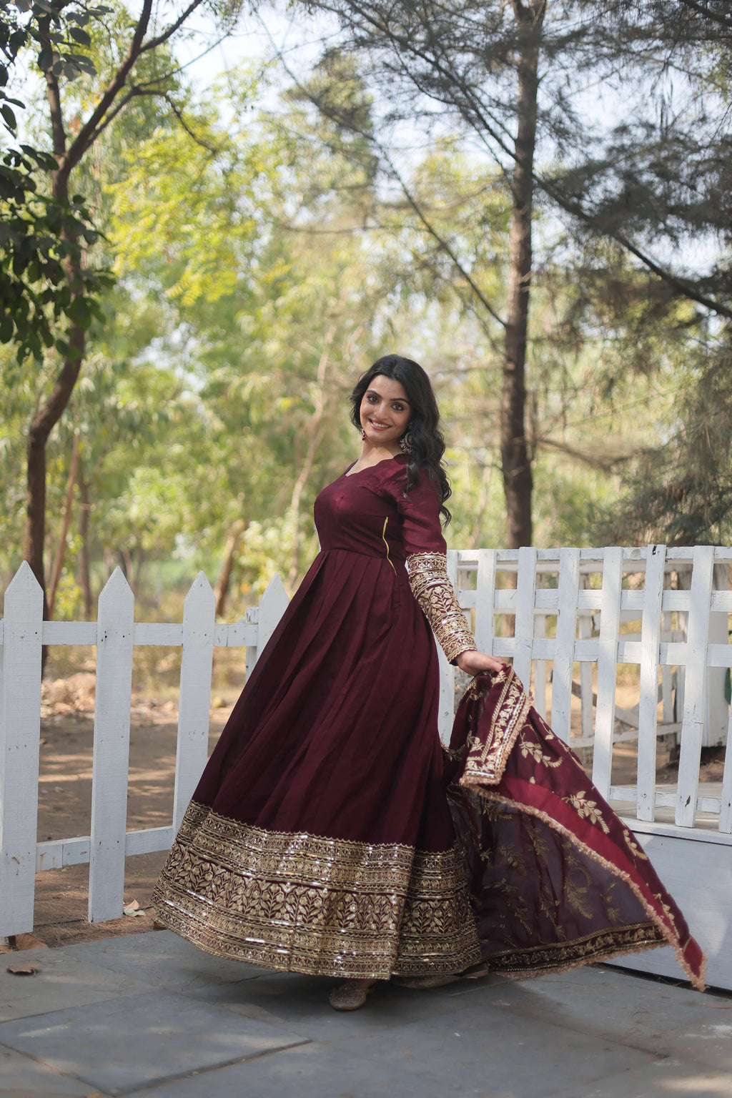 Teeya Creation Maroon Color Vichitra Simmar Silk Heavy Embroidery Work Fully Stitched Anarkali Gown