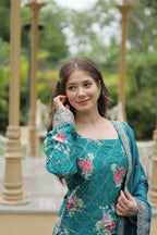 Teeya Creation Rama Color Chinon Silk Digital Print With Embroidery Work Fully Stitched Plazo Pair - Distacart