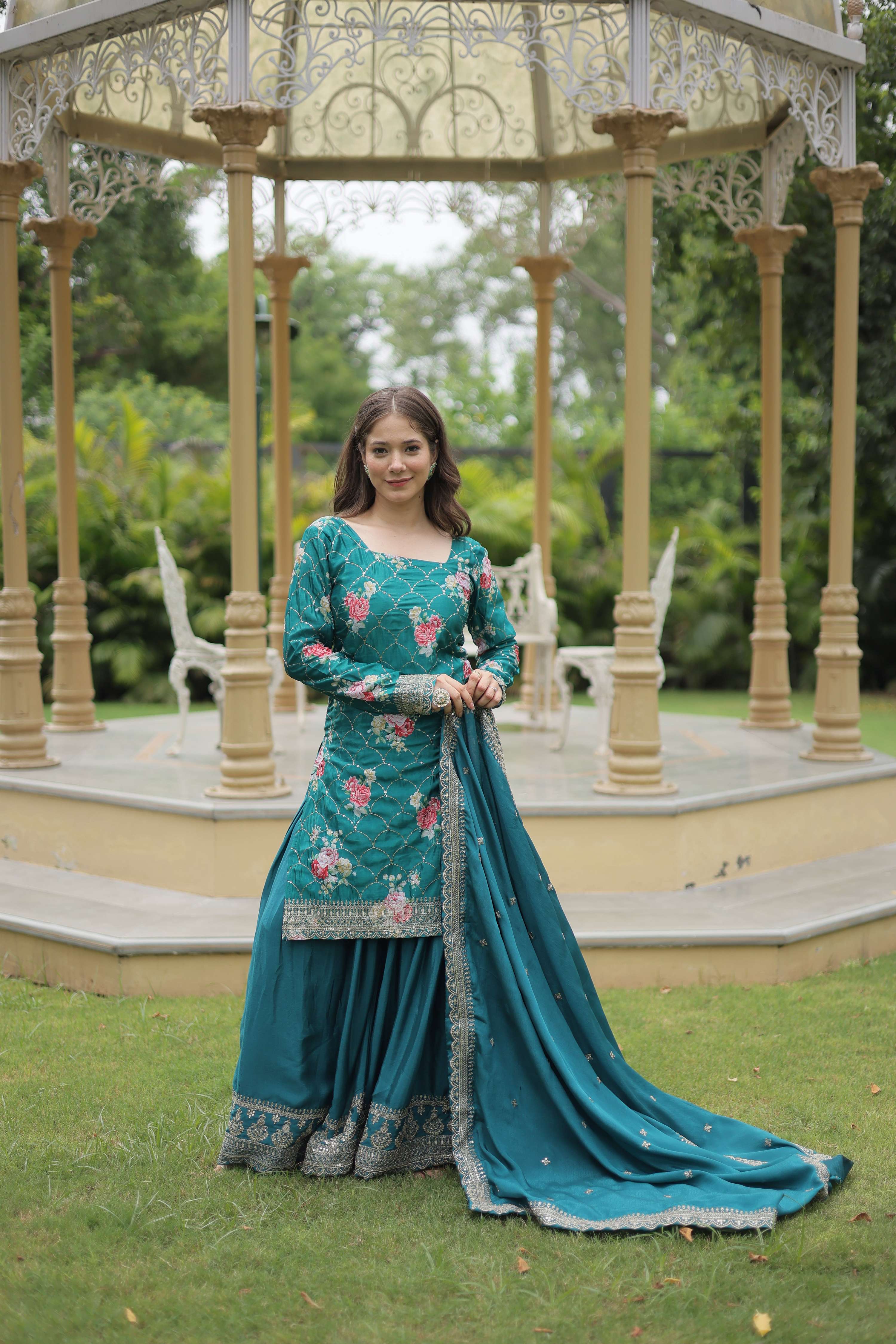 Teeya Creation Rama Color Chinon Silk Digital Print With Embroidery Work Fully Stitched Plazo Pair - Distacart