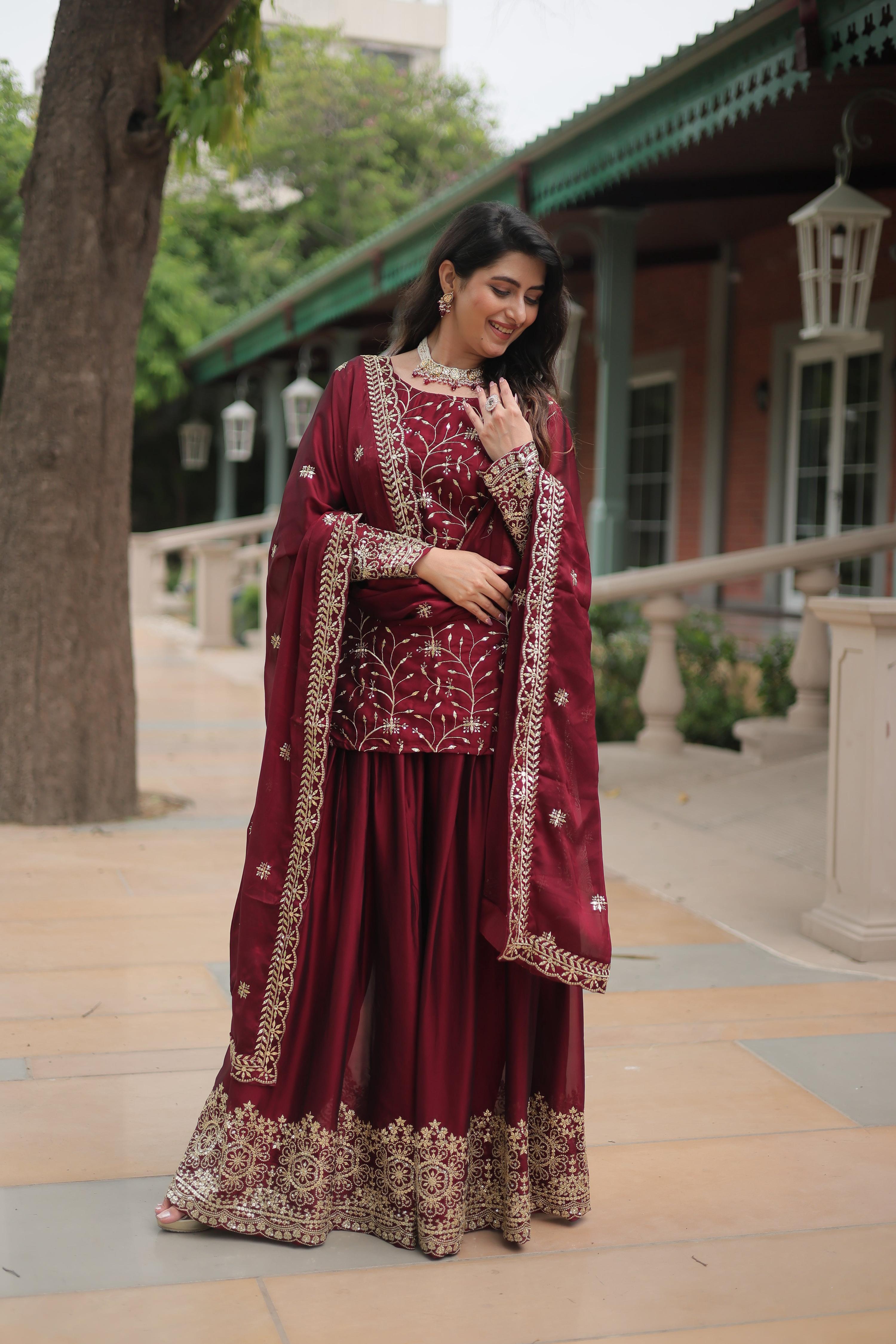 Teeya Creation Maroon Color rangoli Silk Heavy Sequence And Embroidery Work Fully Stitched Plazo Pair - Distacart