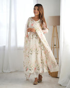Teeya Creation Off White Color Soft Organza Silk Digital Printed Fully Stitched Anarkali Gown