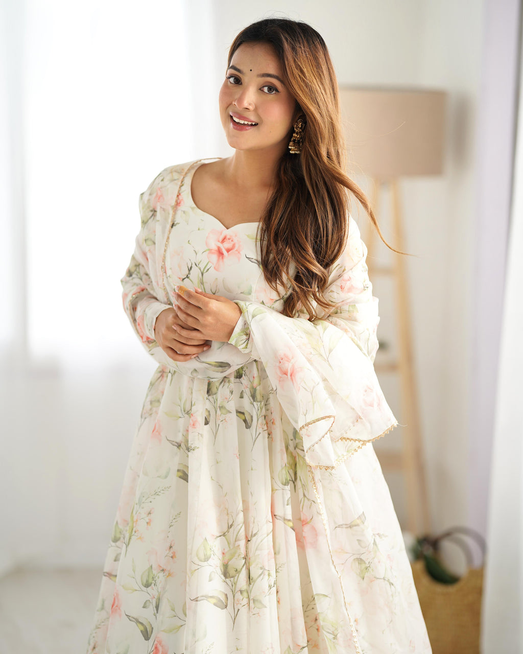 Teeya Creation Off White Color Soft Organza Silk Digital Printed Fully Stitched Anarkali Gown