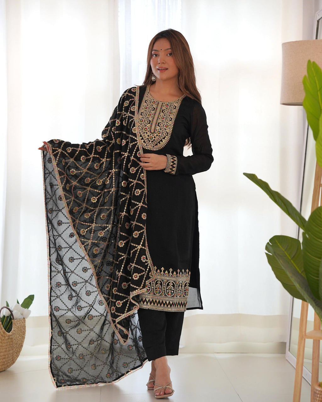 Teeya Creation Black Color Blooming Vichitra Silk Heavy Embroidery Work Fully Stitched Salwar Suit - Distacart