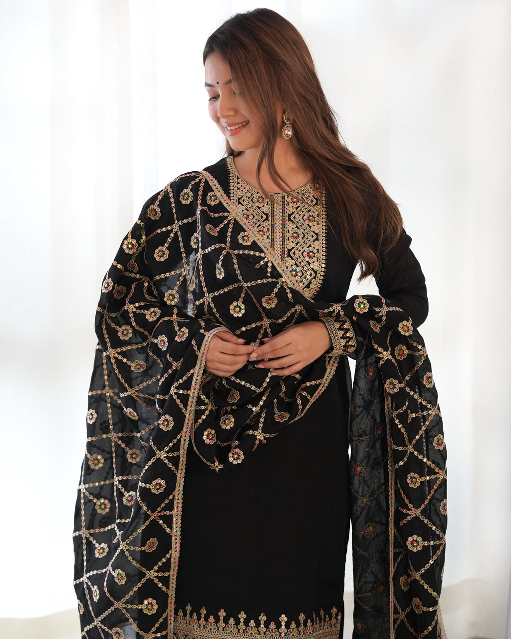 Teeya Creation Black Color Blooming Vichitra Silk Heavy Embroidery Work Fully Stitched Salwar Suit - Distacart