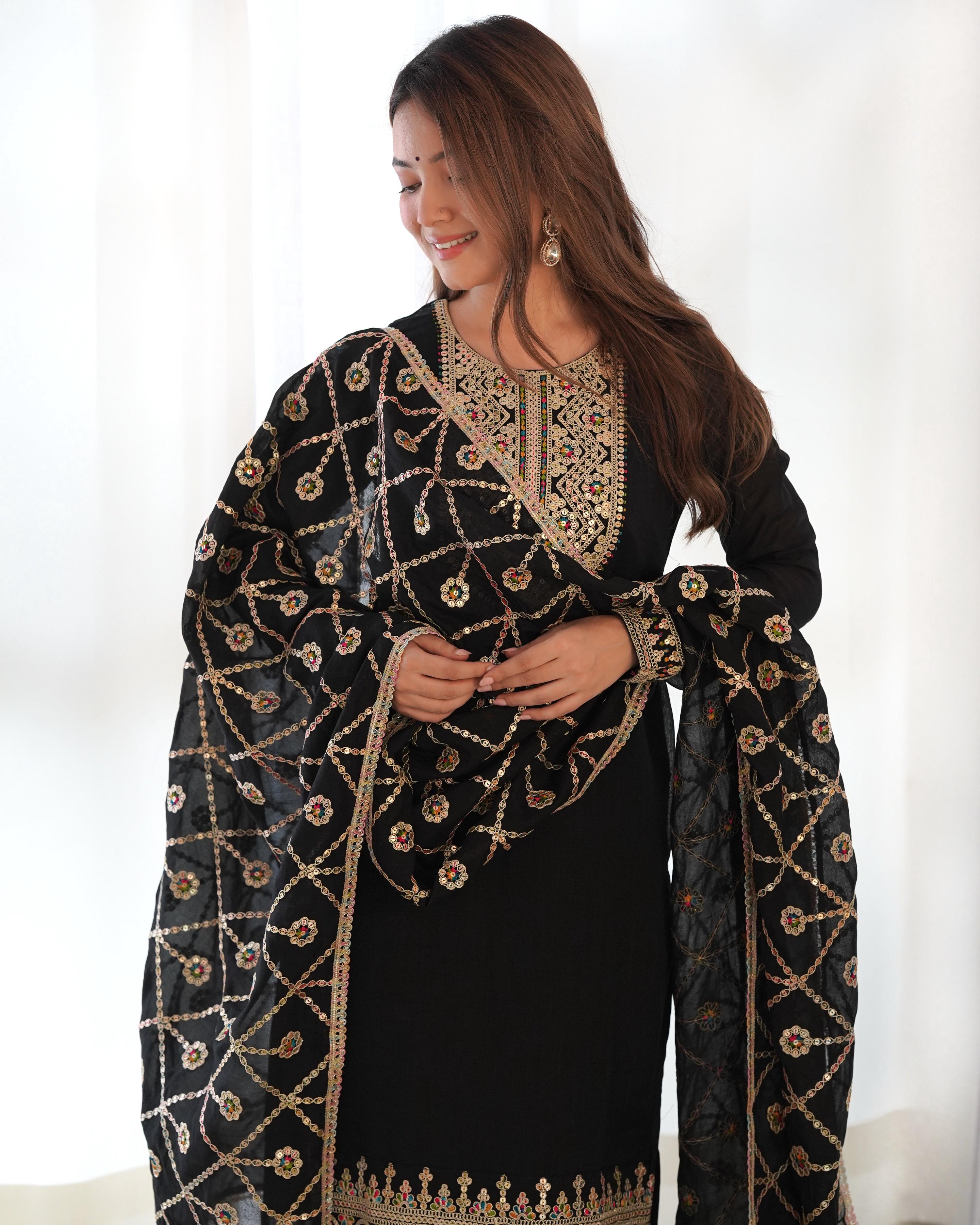 Teeya Creation Black Color Blooming Vichitra Silk Heavy Embroidery Work Fully Stitched Salwar Suit - Distacart