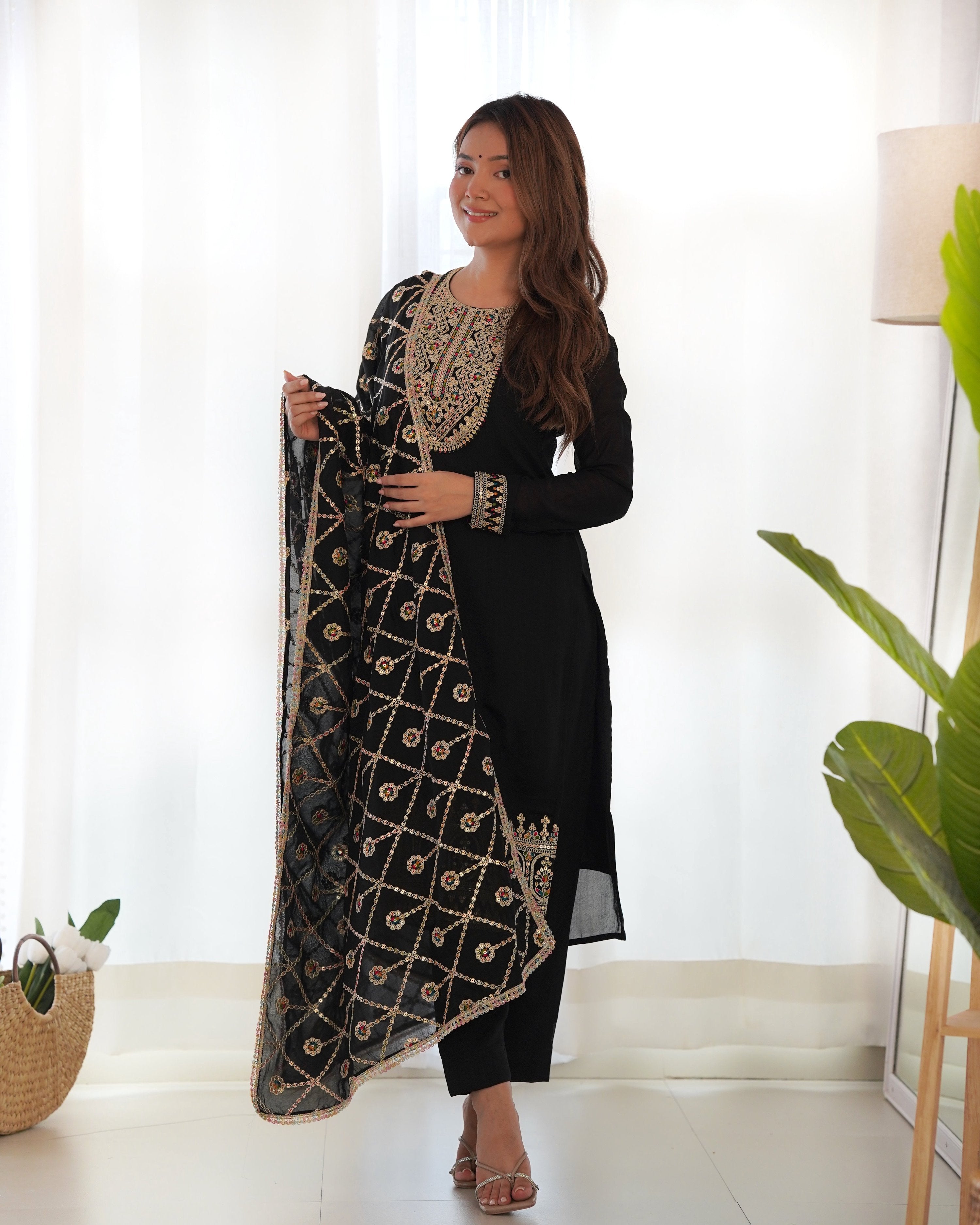 Teeya Creation Black Color Blooming Vichitra Silk Heavy Embroidery Work Fully Stitched Salwar Suit - Distacart