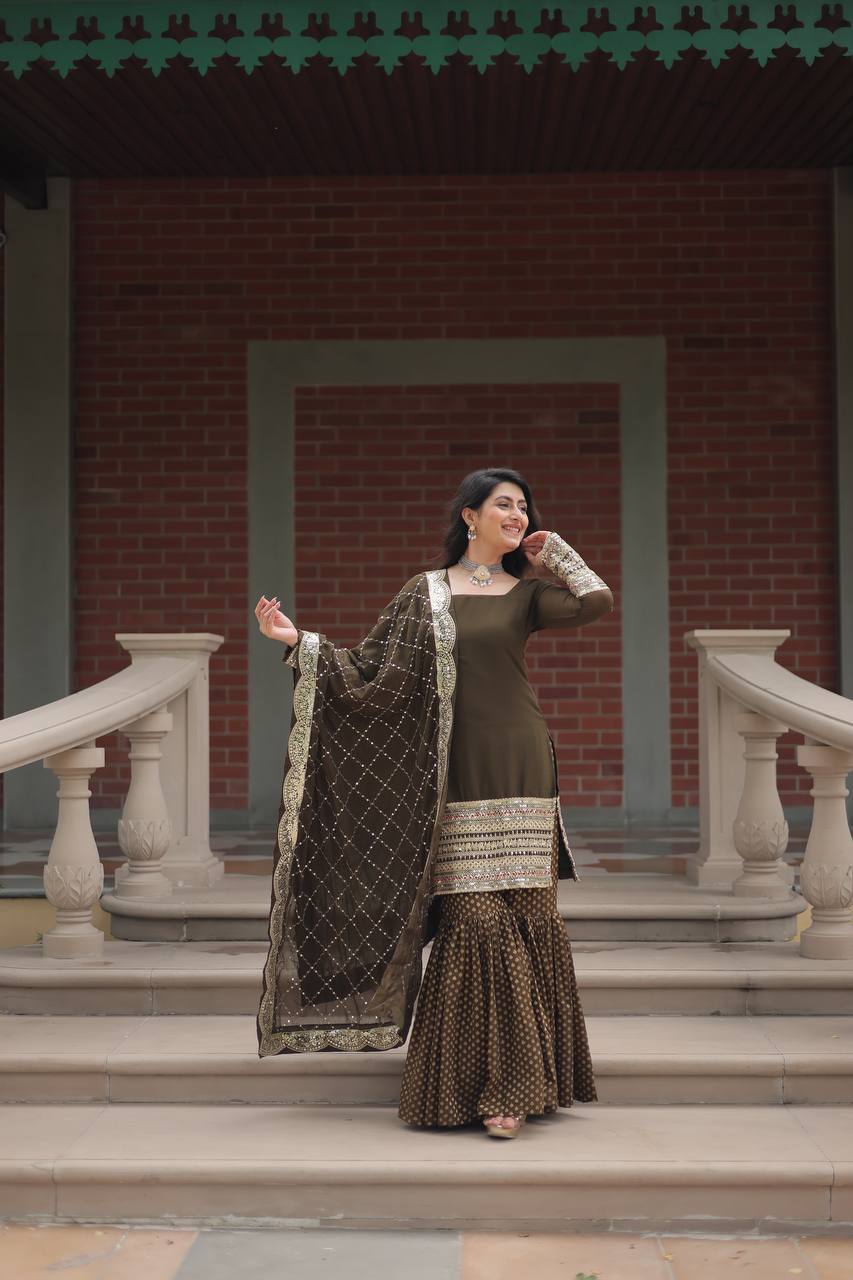 Teeya Creation Mehndi Color Faux Georgette Heavy Embroidery Work Fully stitched gharara set - Distacart