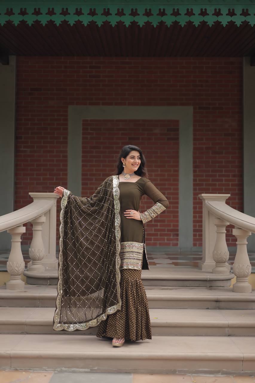 Teeya Creation Mehndi Color Faux Georgette Heavy Embroidery Work Fully stitched gharara set - Distacart