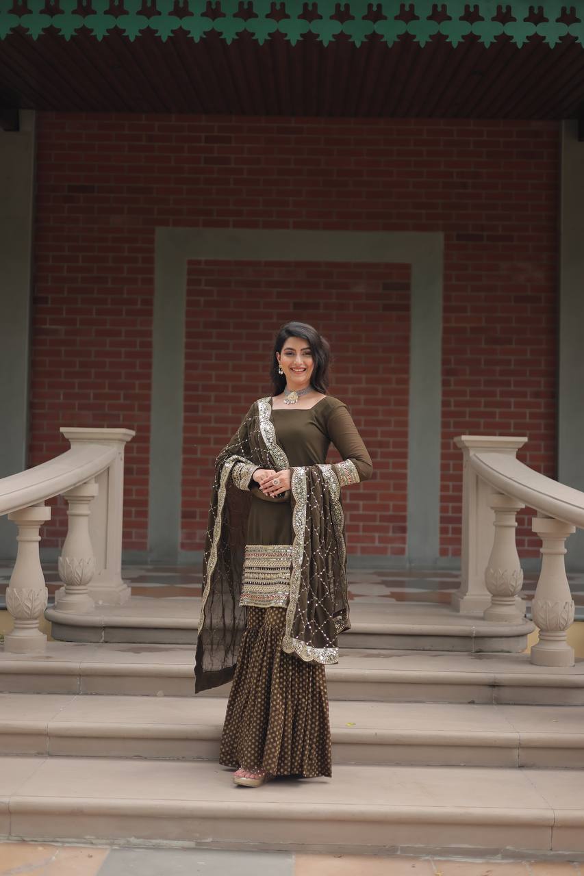 Teeya Creation Mehndi Color Faux Georgette Heavy Embroidery Work Fully stitched gharara set - Distacart