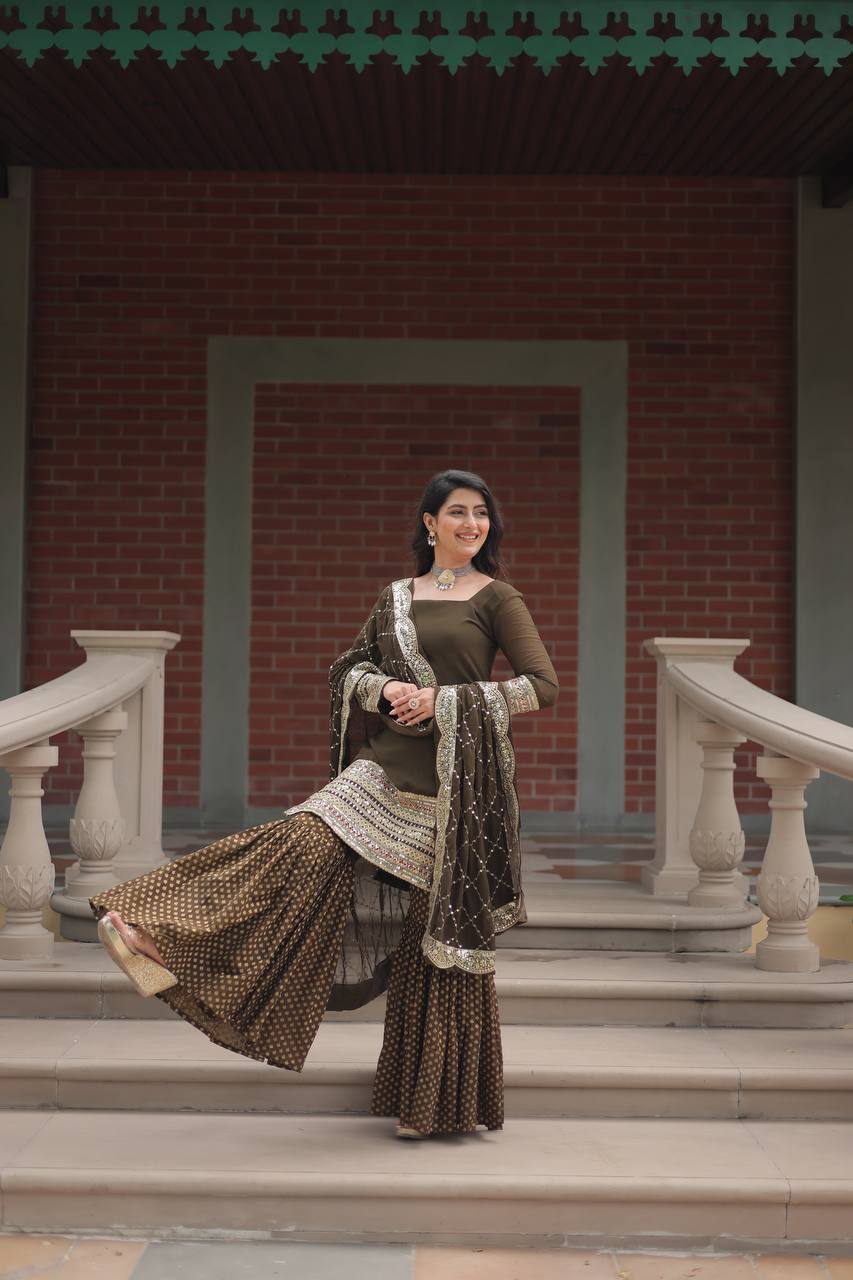 Teeya Creation Mehndi Color Faux Georgette Heavy Embroidery Work Fully stitched gharara set - Distacart