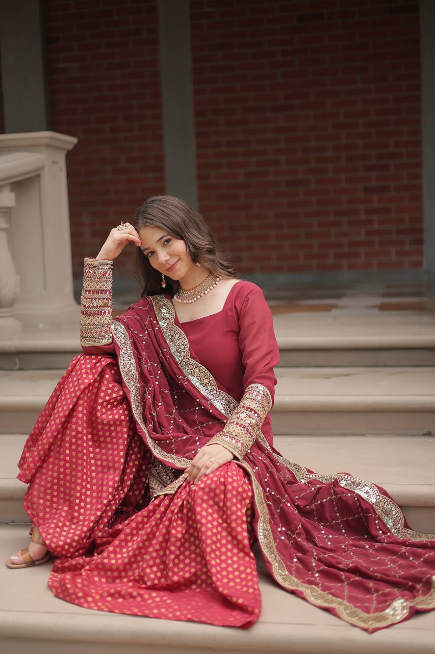 Teeya Creation Maroon Color Faux Georgette Heavy Embroidery Work Fully stitched gharara set - Distacart