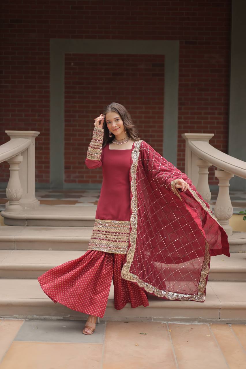 Teeya Creation Maroon Color Faux Georgette Heavy Embroidery Work Fully stitched gharara set - Distacart