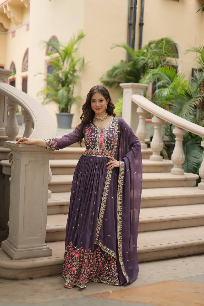 Teeya Creation Plum Color Faux Georgette Heavy Work Fully Stitched Sharara Set - Distacart