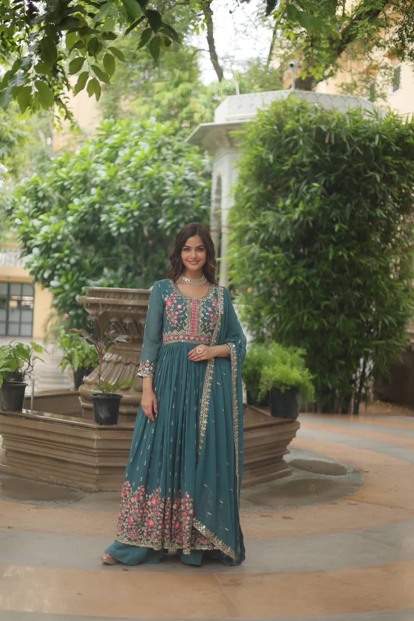 Teeya Creation Teal Color Faux Georgette Heavy Work Fully Stitched Sharara Set - Distacart